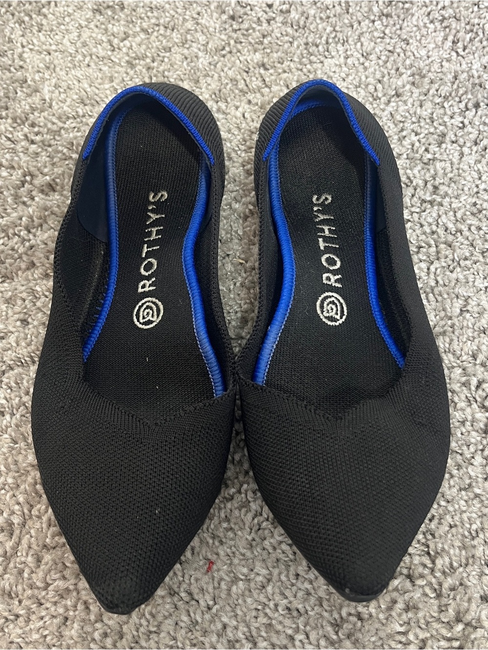 Rothy's 9 The Point Flats Solid Black Pointed Toe Blue Halo Trim Knit Shoes